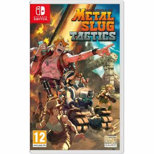 Na obrazku widać pudełko gry Metal Slug Tactics na konsole Nintendo Switch. Na ilustracji widać postacie z gry Metal Slug Tactics w trakcie działań wojennych. Większość z nich posiada uśmiechy na twarzach. Całość rebelionu kieruje się z lewej w prawą stronę okładki. Jeden z nich siedzi na czołgu. W prawy górnym rogu znajduje się tytuł gry Metal Slug Tactics.
