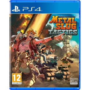 Na obrazku widać pudełko gry Metal Slug Tactics na konsole PS4. Na ilustracji widać postacie z gry Metal Slug Tactics w trakcie działań wojennych. Większość z nich posiada uśmiechy na twarzach. Całość rebelionu kieruje się z lewej w prawą stronę okładki. Jeden z nich siedzi na czołgu. W prawy górnym rogu znajduje się tytuł gry Metal Slug Tactics.