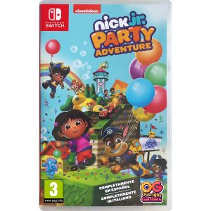 The image shows the box for the game Nick Jr. Party Adventure for the Nintendo Switch console. The illustration shows characters from Nickelodeon cartoons in a colorful outdoor setting. In the clear sky at the top of the illustration you can see the title of the game Nick Jr. Party Adventure.