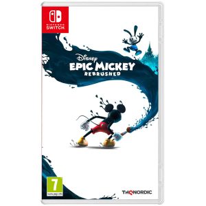 The image shows the box for the game Disney Epic Mickey : Rebrushed for the Nintendo Switch console. The image shows Mickey with a brush and a streak of paint above the character. The deep blue paint has a white inscription with the title of the game Disney Epic Mickey : Rebrushed.