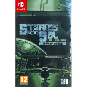 The image shows the box of the PS5 Stories from Sol : The Gun-Dog Starship edition game for the Nintendo Switch console. The illustration is in cutouts of green and shows a spaceship from the inside. In the center, you can see an armchair and around it a control panel with other stations. At the top, you can see a piece of the planet in the window and the title of the game PS5 Stories from Sol : The Gun-Dog starship edition.   