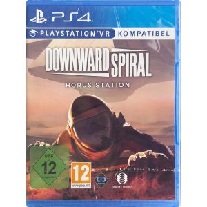 The image shows the box for the PS4 game Downward Spiral: Horus Station. The illustration shows a figure dressed in an astronaut suit extending his hand to the viewer. The entire illustration is in shades of pink and brown. At the top is the title of the game Downward Spiral: Horus Station.   