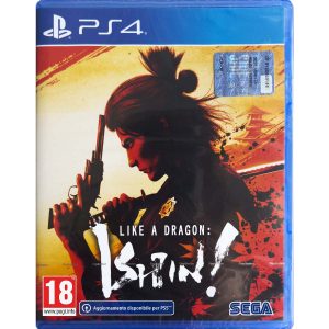 Na obrazku widać pudełko gry Like A Dragon : Ishin! na konsole PS4. Na ilustracji widać mężczyznę odwróconego do widza bokiem. Postać trzyma miecz oparty na ramieniu i strzelbę opartą o jego czoło. Postać znajduje się na czerwono, pomarańczowo żółtym tle. Na dole znajduje się tytuł gry Like A Dragon : Ishin!.