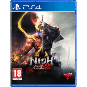 The image shows the box of the game Nioh 2 on the PS4 console. The illustration of the game shows the main character facing the viewer and holding a sword with the blade down along his body. To the right of the sword, the character is in silver armor and behind him is an area covered in mist. To the left of the sword, the character is red and full of flames, and behind him is a burgundy background. At the bottom, you can see the title of the game Nioh 2.
