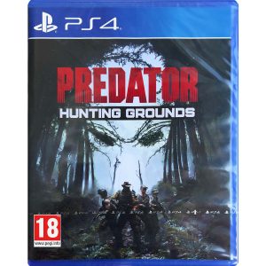 The image shows a box for the PS4 game Predator: Hunting Grounds. The illustration shows a group of men armed with jingles. Behind them, the shape of eyes and a skull can be seen from the canopy of tall trees. At the top is the title of the game Predator: Hunting Grounds.