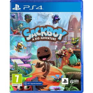 The image shows the box for the game Sackboy A Big Adventure on the PS4 console. The illustration shows the main character Sackboy walking on an orange path heading towards the viewer. Around it you can see other characters from the game and a colorful, full of elements presented world. At the top you can see the title of the game Sackboy A Big Adventure.