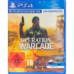 The image shows the box of the VR Operation Warcade game for the PS4 console. The illustration shows a soldier with a raised hand with a weapon. Behind him, you can see metal structures, explosions and other soldiers. In the middle is the title of the VR Operation Warcade game.