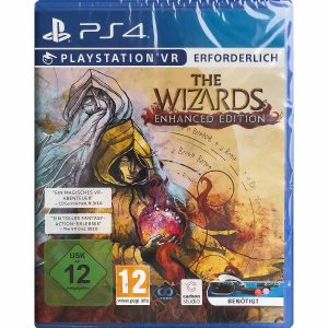 The image shows the box for the game The Wizards Enhanced Edition for the PS4 VR console. The illustration shows two characters in the left corner. The whole thing looks like an illustration drawn in pencil. In the upper right corner you can see the title of the game The Wizards Enhanced Edition.   
