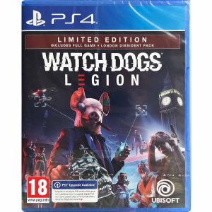 Na obrazku widnieje pudełko gry Watch Dogs : Legion z edycji limitowanej na konsole PS4. Na ilustracji okładki gry widać postacie, w tym osobę z maską świni palącą cygaro, która posiada czaszkę z koroną w ręce. Rękę tę ona wyciąga w kierunku widza. Kolejno widać inne uzbrojone osoby z maskami na głowach. Niebo nad nimi jest ciemne i widać latające obiekty na nim, które są śledzone przez postać z maską świni przez telefon. Nad wszystkim widać tytuł gry Watch Dogs Legion Limited Edition