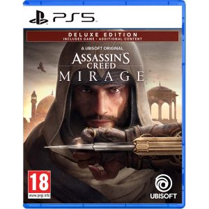 In the image I see the box of the game Assassin's Creed: Mirage Deluxe Edition for the PS5 console. In the illustration I see a portrait of the main character who holds a knife at the height of his head. Behind him you can see buildings with domes and the sky. At the top, at the height of the hero's forehead, you can see the title of the game Assassin's Creed: Mirage Deluxe Edition and the Deluce Edition emblem.   