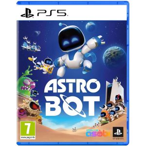 The image shows the box for the game Astro Bot on the PS5 console. The illustration shows a galaxy where Astro Bot is flying, and behind him are other robots. Below him is the title of the game Astro Bot, and even lower still is a land with a desert character. On the land on the left side you can see other creatures from the galaxy, and on the right you can see robots with a large standing PlayStation5.