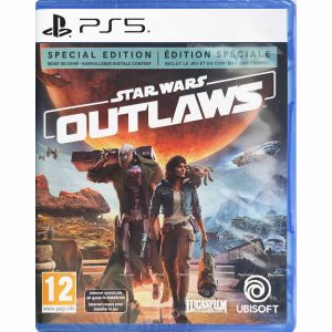 Na obrazku widać pudełko gry Star Wars: Outlaws Special Edition na konsole PS5. Na ilustracji okładki widać dwie postacie (kobietę i robota) uzbrojone idące w stronę widzą. Za nimi widać pomarańczową planetę- po jej lewej widać świat pustynny ze skałami a po prawej świat ośnieżony i górami. Na grze widać tytuł gry PS5 Star Wars: Outlaws Special Edition