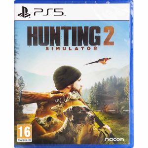The image shows the box for the game Hunting Simulator 2 on the PS5 console. The illustration shows a hunter turned sideways to the viewer. He has a hunting rifle slung over his shoulder. In the foreground at the height of the character are hunting dogs and they are a deer and a wild boar. In the background is a forest, and at the top against the sky is the title of the game Hunting Simulator 2.    