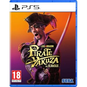 The image shows the box for the game Like a Dragon: Pirate Yakuza in Hawaii for the PS5 console. The illustration shows a pirate with a surprised face and a saber in his hands. In the center is the title of the game Like a Dragon: Pirate Yakuza in Hawaii. The background behind the character is a horizontal gradient - orange at the top, purple at the bottom.   