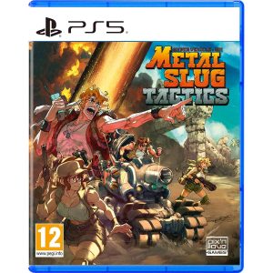Na obrazku widać pudełko gry Metal Slug Tactics na konsole PS5. Na ilustracji widać postacie z gry Metal Slug Tactics w trakcie działań wojennych. Większość z nich posiada uśmiechy na twarzach. Całość rebelionu kieruje się z lewej w prawą stronę okładki. Jeden z nich siedzi na czołgu. W prawy górnym rogu znajduje się tytuł gry Metal Slug Tactics.
