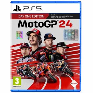 The image shows the box for the MotoGP 24 game on the PS5 console. The illustration features professional motorcycle drivers arranged in a triangular composition. Around the figures, you can see red stripes that transform into a driving track at the bottom of the illustration. Three motorcyclists are riding on the track. The background of the illustration is light gray. At the top is the title of the game MotoGP 24.     