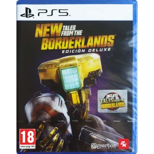 The image shows the box for the PS5 game New Tales from the Borderlands Deluxe Edition. The image shows a yellow robot holding a mask. The title of the game PS5 New Tales from the Borderlands Deluxe Edition can be seen at the top of the image  