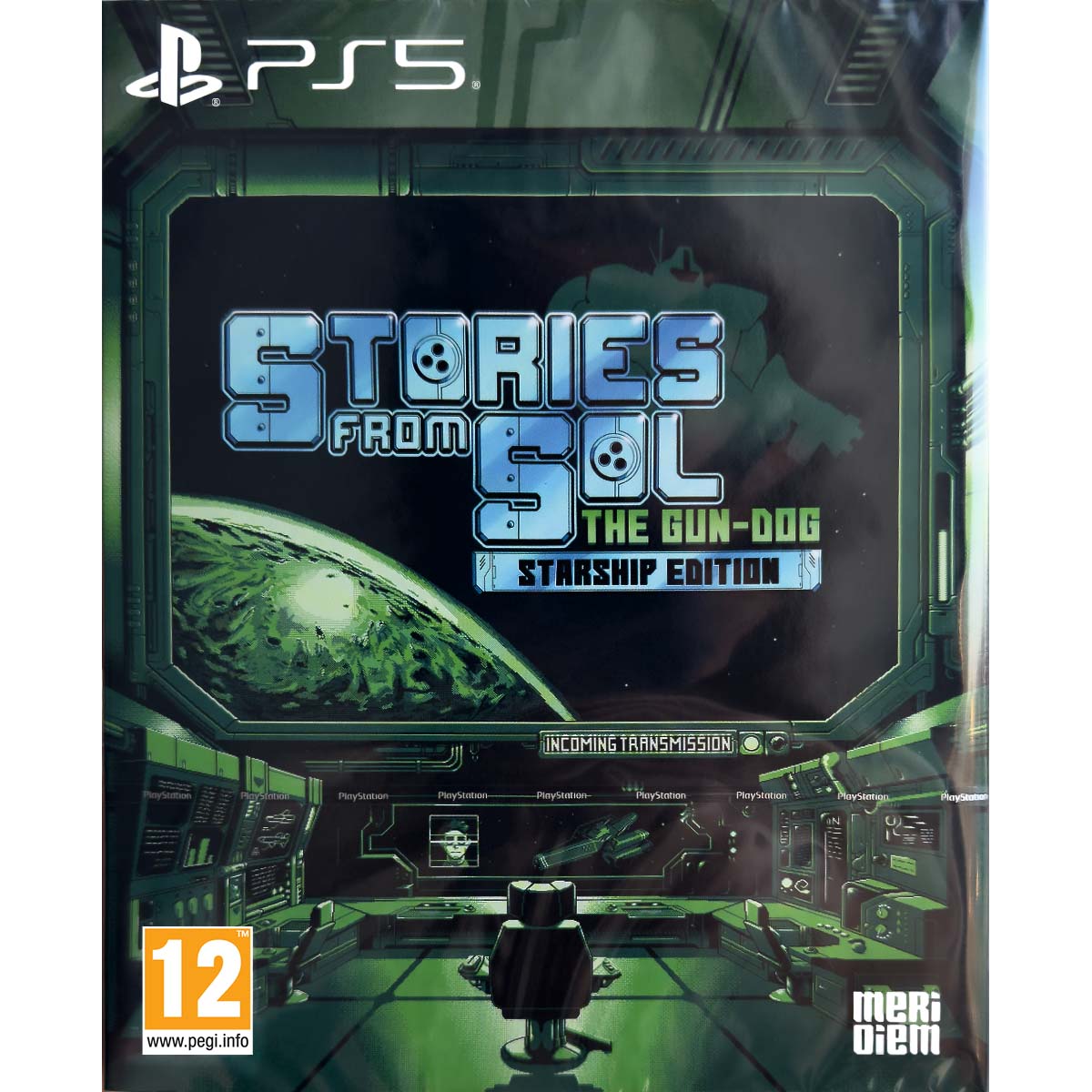 The image shows the box of the PS5 Stories from Sol : The Gun-Dog Starship edition game for the PS5 console. The illustration is in cut green and shows a spaceship from the inside. In the center, you can see a chair and around it a control panel with other stations. At the top, you can see a piece of the planet in the window and the title of the game PS5 Stories from Sol : The Gun-Dog starship edition.