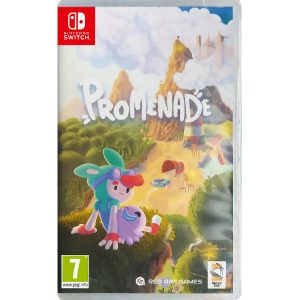 The image shows the Promenade game box for the Nintendo Switch console. The cover illustration shows two purple figures, the first sitting with a hat with turquoise rabbit ears and goggles, and the second cuddling up to it and resembling an octopus. The game title Promenade appears at the top.  