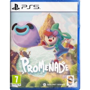 The image shows the Promenade game box for the PS5 console. The cover illustration shows two characters, the first one looks like an octopus and flies to the left, and the second character runs behind him. Behind them you can see a mountain, a lake and a shore. At the bottom is the title of the game Promenade.   
