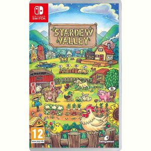 The image shows a box for the Stardew Valley game on the Nintendo Switch console. The illustration shows a farm with animals growing crops. At the top is the title of the game Stardew Valley.  