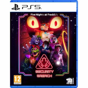 The image shows the box of the game Five Nights At Freddy's Security Breach for the PS5 console. The illustration shows characters from the game Five Nights At Freddy's Security Breach. Above them are large and yellow eyes. Between the wainscoting is the inscription Security Breach and above them Five Nights At Freddy's. The cover is dominated by black, with colorful elements. The composition is enclosed in a colorful frame of two lines.     