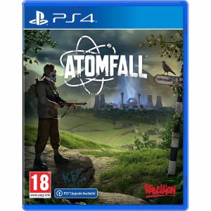 The image shows the box for the PS4 game Atomfall. The illustration shows a character with a scarf on his face and a gun in his hand. He is on the left side of the illustration, facing the viewer sideways. The rest of the illustration is filled with the background, where you can see a reactor from which blue air is emitted. At the top is the title of the game Atomfall in the center.