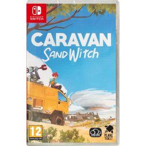The image shows the box for the Caravan SandWitch game for the Nintendo Switch console. The game's illustration shows the main character sitting on the roof of a yellow van. In front of her is a tornado and a building on sandy terrain.  