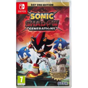 The image shows the box for the Sonic X Shadow Generations Day One Edition game for the Nintendo Switch console. The illustration shows two versions of Sonic on the left - the older one and the newer one on the right. In the middle is the character Shadow. All the characters run towards the viewer on turquoise and silver platforms. Behind them you can see fauna, and above them a red sky, on which is the title of the game Sonic X Shadow Generations Day One Edition.    