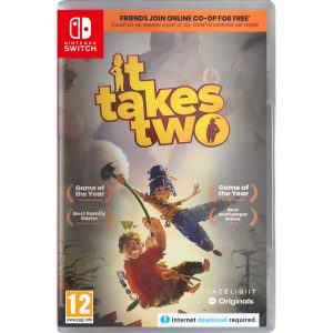 The image shows the box for the game It Takes Two on the Nintendo Switch console. The illustration of the game features two characters from the game It Takes Two. Both are holding a flower like an umbrella while falling into the abyss. Around them are many broken elements such as wooden beams. Above them you can see the words It Takes Two.    
