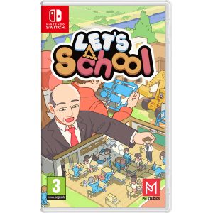 The image shows the box for the game Let's School for the Nintendo Switch console. The illustration shows a top view of a classroom. Above the classroom is the principal holding his hand above the classroom, holding a teacher conducting a lesson for students. At the top is the title of the game Let's School.   