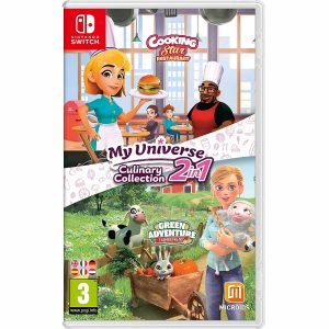 Na obrazku widać pudełko gry My Universe: 2 in 1 Culinary Collection na konsole Nintendo Switch. Ilustracja jest podzielona na dwie części- na górze widać restaurację i serwującą hamburgera blondynkę. A za nią szafa kuchni i gości, Na dole widać farmę wraz za zwierzętami i blondynkę, która trzyma w rękach owcę. Na środku znajduje się tytuł gry My Universe: 2 in 1 Culinary Collection.