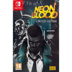 The image shows the box for the game Neon Blood Limited Edition for the Nintendo Switch console. The cover illustration is in blue, black and white. In the center, you can see a man facing the observer. Behind him, on the left, is a woman looking into the upper right corner of the illustration. In the distance, you can see tall futuristic buildings. In the upper right corner, there is a bright yellow title of the game Neon Blood Limited Edition.     
