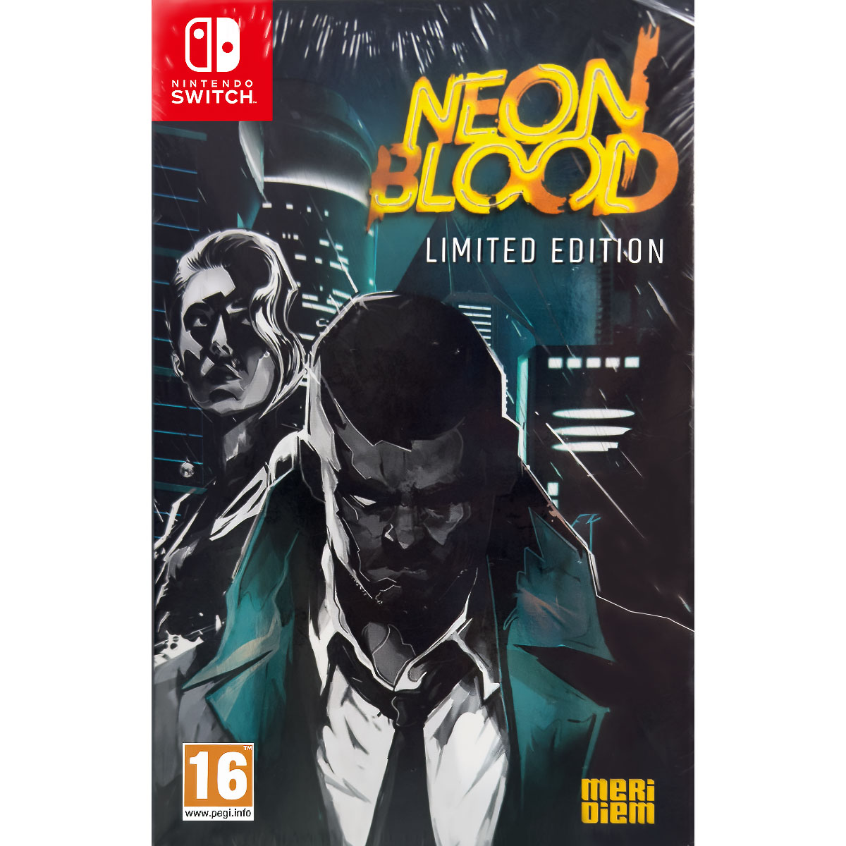 Na obrazku widać pudełko gry Neon Blood Limited Edition na konsole Nintendo Switch. Ilustracja okładki jest w niebiesko, czarno białych barwach. Widać po środku mężczyznę zwróconego twarzą do obserwatora. Za nim, po lewej znajduje się kobieta spoglądająca w prawy górny róg ilustracji. W dali widać wysokie futurystyczne budynki. W prawym górnym rogu znajduje się jasno żółty tytuł gry Neon Blood Limited Edition.