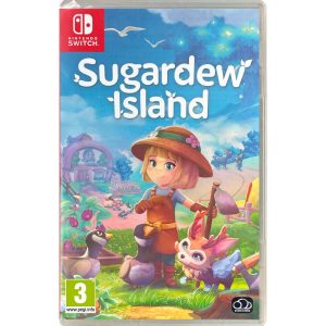 The image shows the box for the game Sugardew Island for the Nintendo Switch console. The illustration shows a girl in a hat. Around her, you can see animals. Behind the figure, you can see a washed field with a house in the left corner. At the top is the title of the game Sugardew Island.