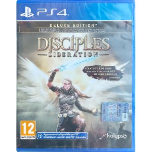 The image shows the box for the PS4 game Disciples : Liberation. The illustration shows a woman with a sword pointing upwards. Behind her are wings, and above her is the title of the game Disciples : Liberation.