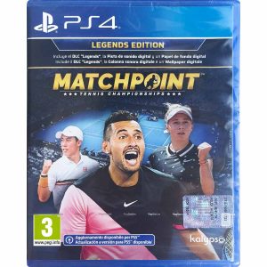 The image shows the game Matchpoint : Tennis Championships Legends Edition for the PS4 console. The image shows 3 professional tennis players arranged in a triangle composition. Behind them, a blue tennis court is visible. At the top is the title of the game Matchpoint : Tennis Championships Legends Edition.    