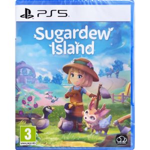The image shows the box for the PS5 game Sugardew Island. The illustration shows a girl in a hat. Around her, you can see animals. Behind the figure, you can see a washed field with a house in the left corner. At the top is the title of the game Sugardew Island.    