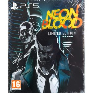 The image shows the box for the PS5 game Neon Blood Limited Edition. The cover illustration is in blue, black and white. In the center, you can see a man facing the observer. Behind him, on the left, is a woman looking into the upper right corner of the illustration. In the distance, you can see tall futuristic buildings. In the upper right corner, there is a bright yellow title of the game Neon Blood Limited Edition.     