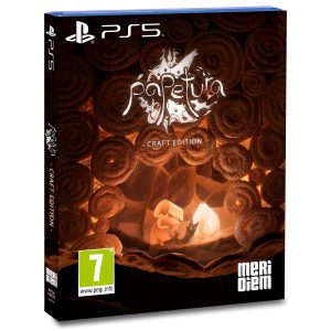The image shows the box of the game Papetura Craft Edition for the PS5 console. The image shows an orange and black illustration, where we see the two main characters by a campfire. At the top is the title of the game Papetura Craft Edition.  