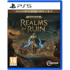 The image shows the box for the PS5 game Warhammer Age of Sigmar Realms of Ruin. The illustration shows a male character with gray hair tied in a ponytail. The character has gold armor, and a blue current can be seen around his hands. Other soldiers are eating each other up around him during the battle. The area around the character is full of dust, dark. At the top, against the dark sky, is the title of the game Warhammer Age of Sigmar Realms of Ruin.