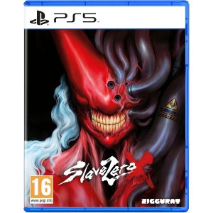 The image shows the box for the game Slave Zero X. The illustration shows a red, unnaturally smiling figure with yellow teeth facing the viewer. At the bottom is the title of the game Slave Zero X. Behind the figure is a completely black background.