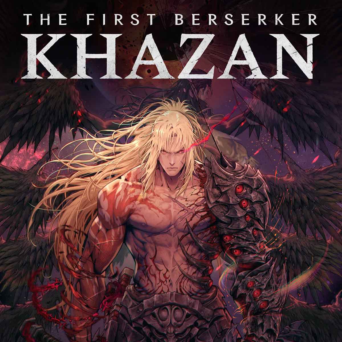 Na obrazku widać ilustrację gry The First Berserker Khazan. Na ilustracji widać głównego bohatera Khazana, Mężczyzna o długich blond włosach z umięśnionym ciałem wraz z prawym ramieniem z rzędami czerwonych oczu, stoi przodem do obserwatora. Za nim znajduje się inna postać odwrócona tyłem do widza. Postacie są okalane czarnymi skrzydłami. Na górze widać oko z czerwonej tęczówce i na jego tle znajduje się tytuł gry The First Berserker Khazan.