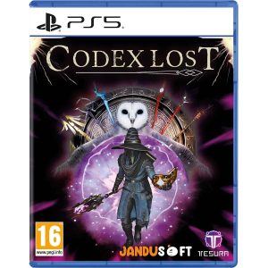 The image shows the box for the game Codex Lost on the PS5 console. The illustration shows a figure in a mage's outfit - with a pointed hat, a dark blue coat with leather elements and accessories - a staff with a purple stone on the bristle and a book of magic. Behind him is an owl with spread wings, and around it are other magic staffs. At the top is the title of the game Codex Lost.   