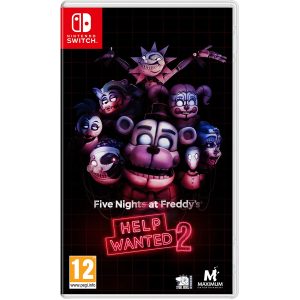 Obrazem przedstawia pudełko gry Five Nights at Freddy's Help Wanted 2 na konsole Nintendo Switch. Dominują w niej kolory czarnego i fioletu. Z ciemności wyłaniają się stworzenia przypominające zabawki. Na dole występuje tytuł gry Five Nights at Freddy's Help Wanted 2   