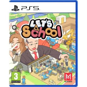 The image shows the box for the PS5 game Let's School. The illustration shows a top view of a classroom. Above the classroom is the principal holding his hand above the classroom, holding a teacher conducting a lesson for students. At the top is the title of the game Let's School.   