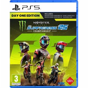 The image shows the box for the Monster Energy Supercross 25 Day One Edition game on the PS5 console. The game illustration shows 3 standing professional motorcyclists in helmets. Below them, you can see the same characters, but riding motorcycles. Everything is on a green and black background, with the green number 25 standing out. At the top is the title of the game Monster Energy Supercross 25 Day One Edition.    