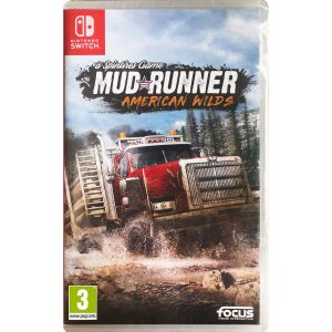 The image shows the box of the Nintendo Switch Spintires: MudRunner - American Wilds game for the PS5 console. The cover shows a truck driving through wild muddy roads. You can see the mud that splashes from under the wheels of the machine. At the top above it is the title of the Nintendo Switch Spintires: MudRunner - American Wilds game.   