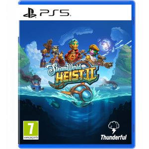 The image shows the SteamWorld Heist II game box for the PS5 console. The illustration shows three robot-like figures. Below them is the title of the game SteamWorld Heist II and a wide body of water in which we can see smoking ships and projectiles.  