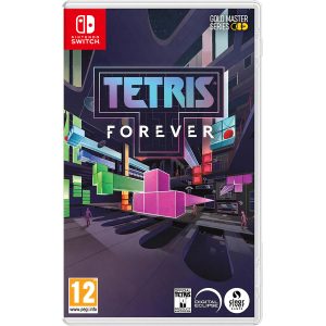 Na obrazku widać pudełko gry Tetris Forever na konsole Nintendo Switch. Na ilustracji gry widać charakterystyczne dla gry Tetris kombinacje klocków i różnych kolorach. Klocki te znajdują się w powietrzu i za nimi widoczne są smugi, które ukazują dynamikę klocków. Między nimi w tle widać małe postacie w kształcie człowieka, patrzącego w górę. Na środku znajduje się tytuł gry Tetris Forever.